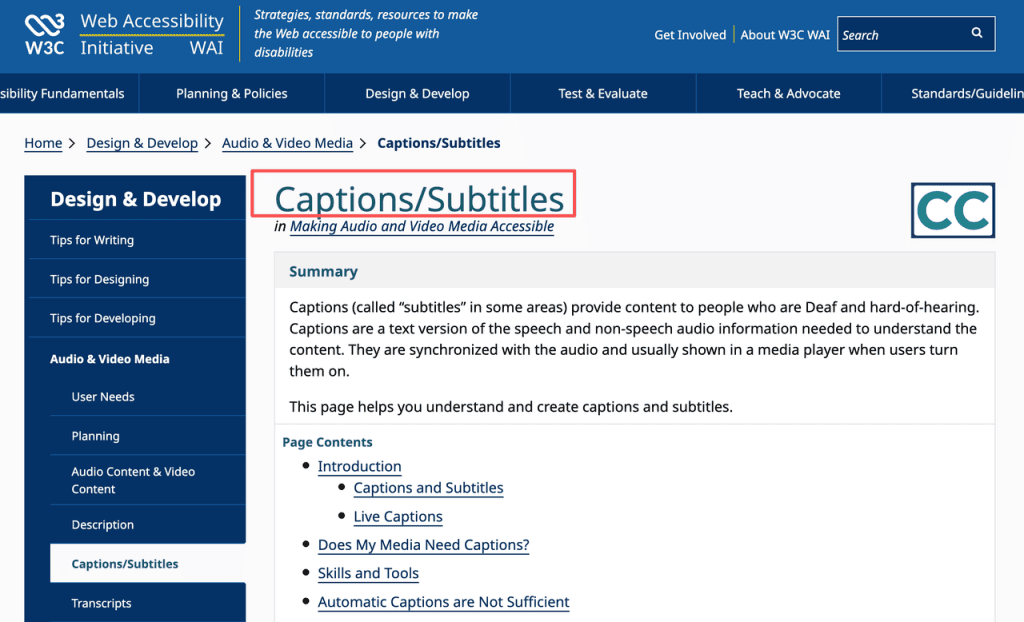 Review W3C web accessibility guidelines detailing how to add accurate captions to live generative video media.