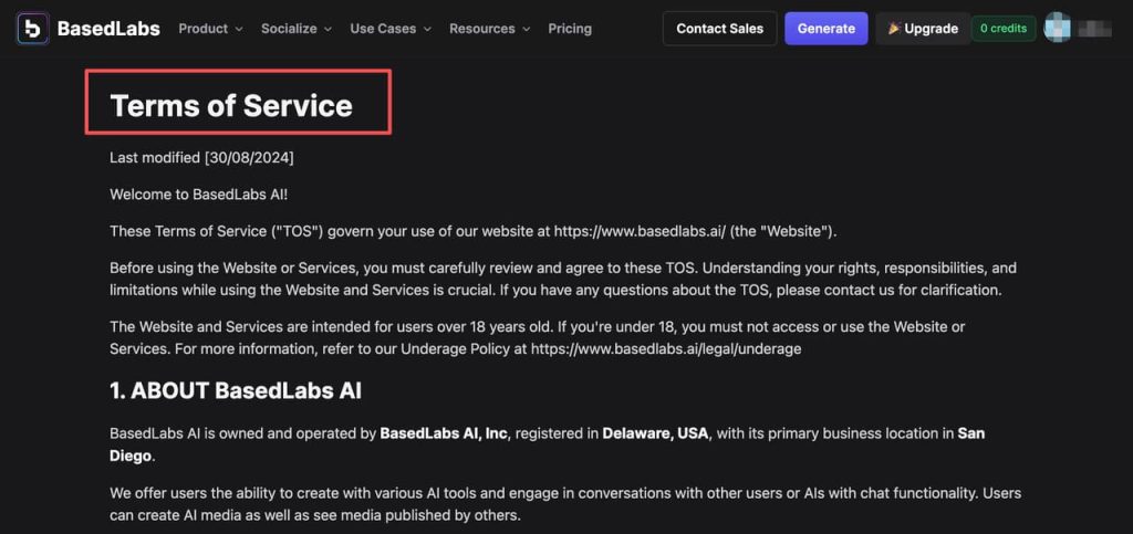 無料で使える制限の少ないAI動画生成ツールを提供する「BasedLabs AI」の公式サイトに掲載されている利用規約(Terms of Service)の冒頭ページ画面です。サービス利用時の権利や責任、年齢制限事項が明記されています。