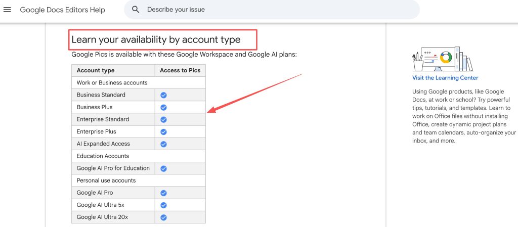 Check workspace and enterprise account availability requirements for Google Pics AI video platform access.