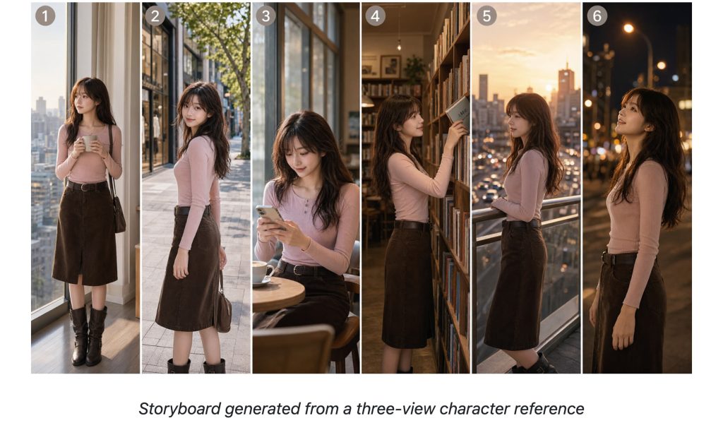 See a sequential narrative created from a three-view character reference using the qwen image 2.1 storyboard.