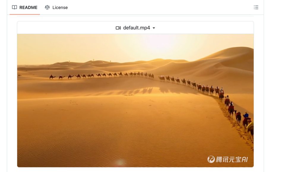 無検閲系AI動画生成ツールのGitHub上で公開されている動画生成のサンプル出力画面です。美しい夕暮れの砂漠を進むラクダのキャラバンがリアルで滑らかな映像として描されています。