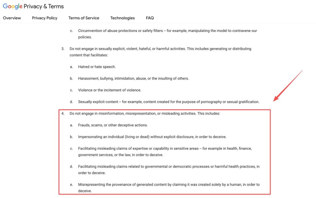 Review Google terms prohibiting deceptive practices when using a writing prompt generator for content.