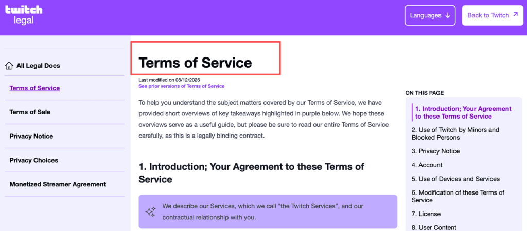 Read the Twitch legal terms of service document governing platform usage for live generative video streaming.