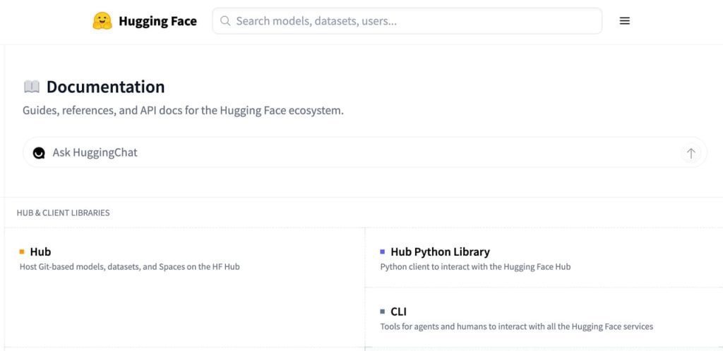 成人向けAIツールの開発やオープンソースモデルの活用に欠かせないHugging Faceの公式ドキュメントおよびHuggingChatの検索・アクセスインターフェースを表示しているウェブページ画面です。