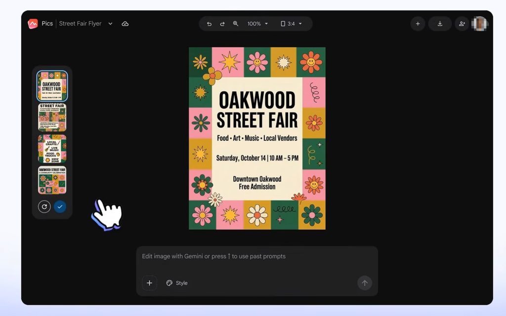 Edit templates and design creative flyers using the Google Pics AI video editing interface and prompt bar.