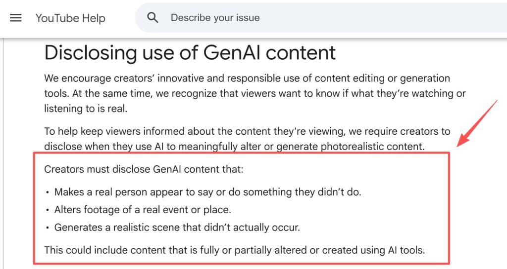 Learn how AI disclosure policies affect a sex education video on YouTube when utilizing generative content tools.