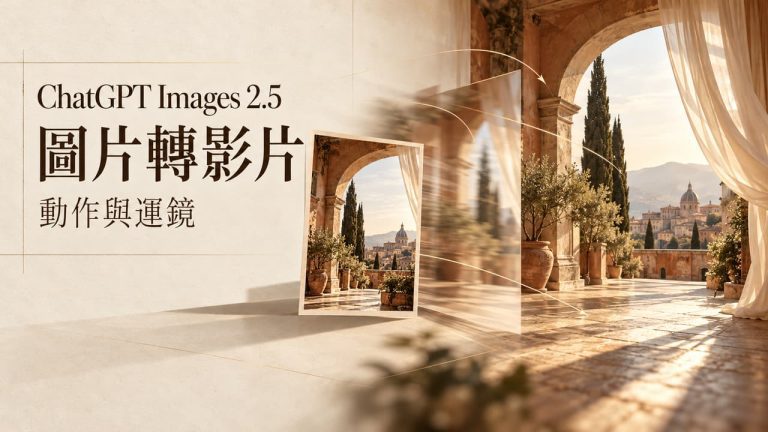 ChatGPT Images 2.5 圖片轉影片教學封面，展示如何透過智慧運鏡與動態控制將靜態建築照片轉為高畫質動態影片。