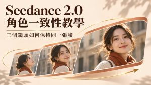 Seedance 2.0 角色一致性教學封面圖，示範如何在三個不同鏡頭中完美保持同一張臉，提升 AI 影片創作的連貫性與專業品質。
