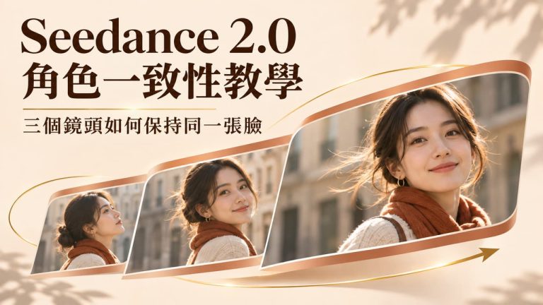 Seedance 2.0 角色一致性教學封面圖，示範如何在三個不同鏡頭中完美保持同一張臉，提升 AI 影片創作的連貫性與專業品質。