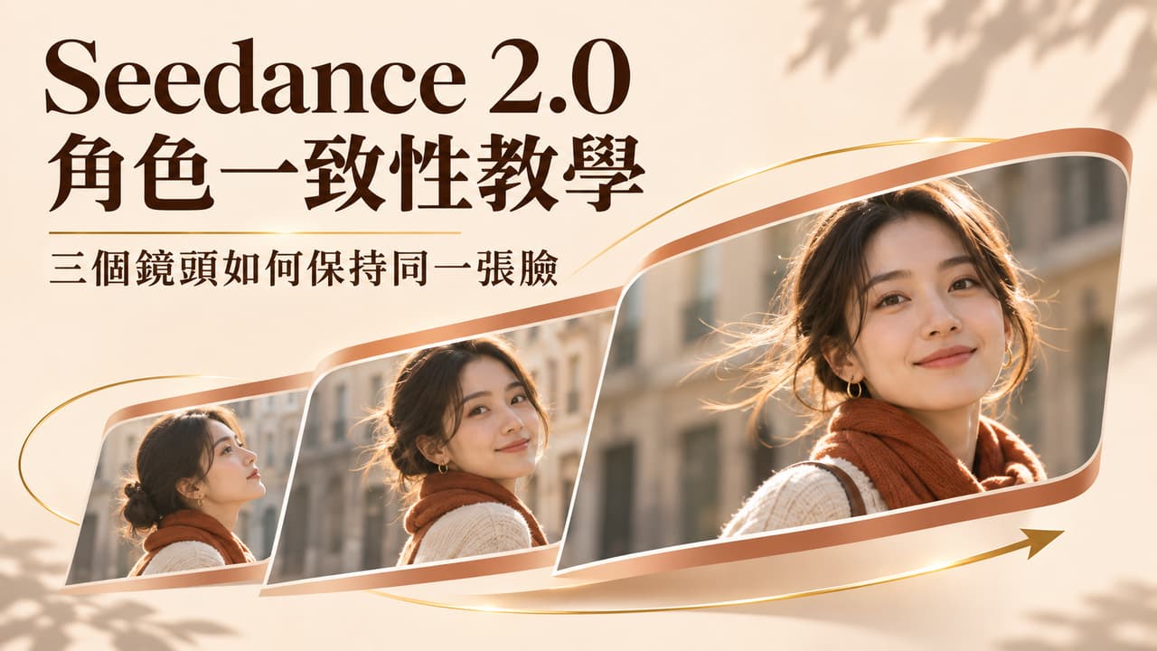 Seedance 2.0 角色一致性教學封面圖,示範如何在三個不同鏡頭中完美保持同一張臉,提升 AI 影片創作的連貫性與專業品質。