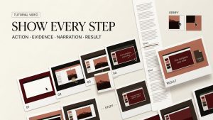 Learn how to make tutorial videos with a step-by-step framework covering action, evidence, narration, and final result.