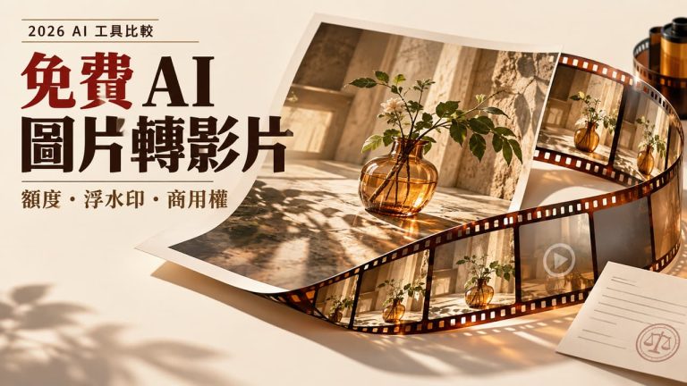 2026年熱門免費AI圖片轉影片工具比較封面，解析各平台額度、浮水印與商用權規範，助您挑選最佳工具。