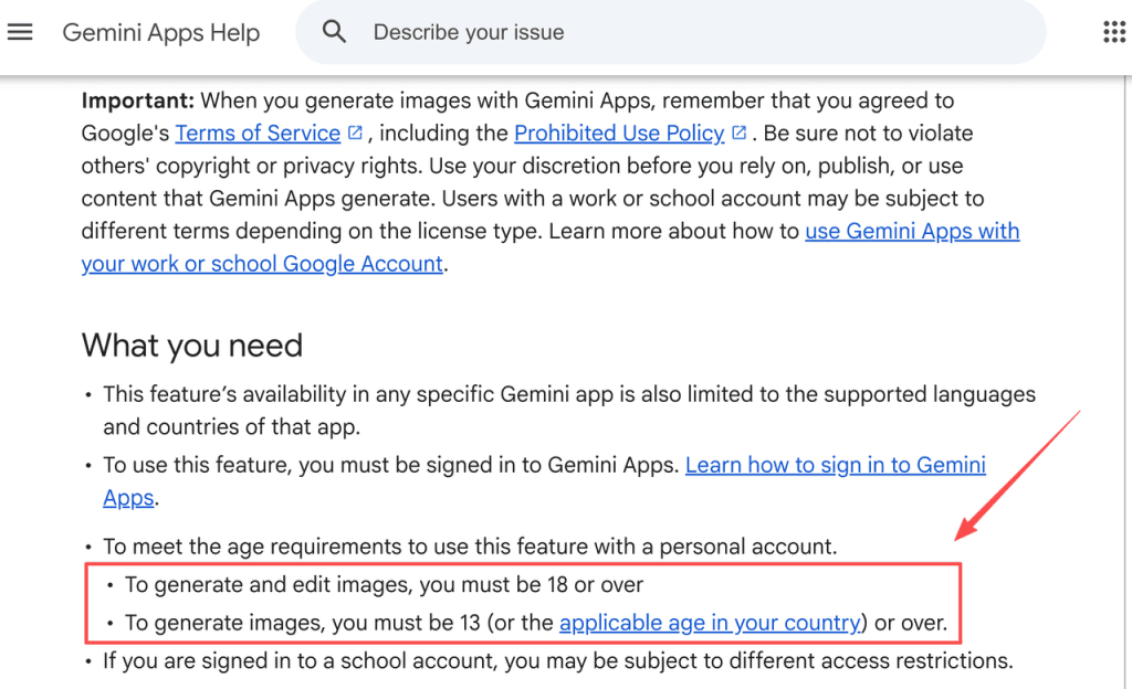 Gemini Apps Help highlights image generation and editing age requirements in a gemini ai image generator nsfw guide.