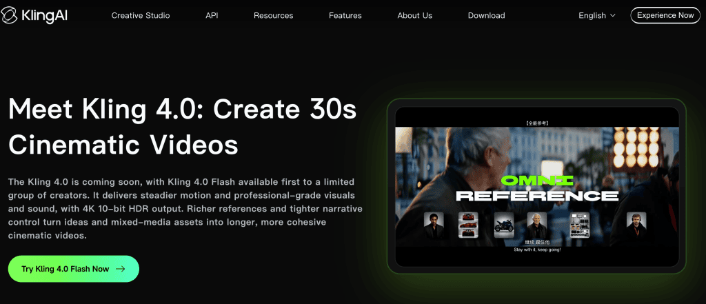 Discover cinematic video features and early creator access powered by kling 4.0 flash prompts on Kling AI.