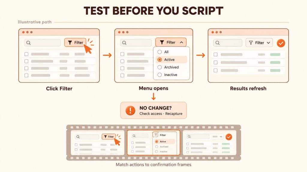 Discover how to make tutorial videos by testing UI filter actions and matching them to your script confirmation frames.