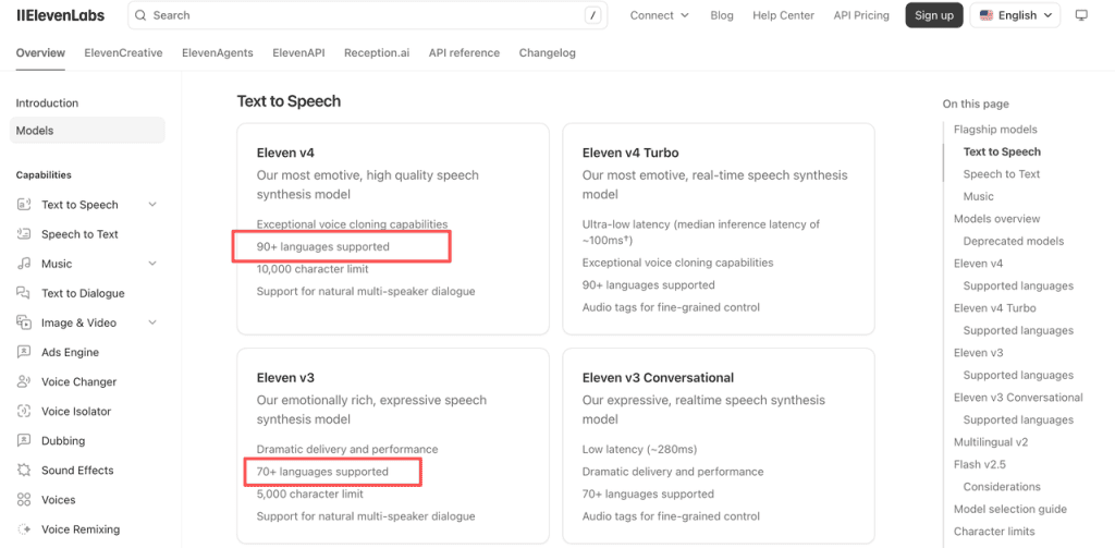 Compare language support and capabilities in an official eleven v4 vs v3 voiceover model specification table.