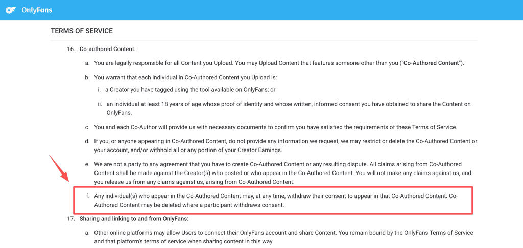 Understand participant consent withdrawal rules and terms of service when uploading co-authored ai onlyfans videos.