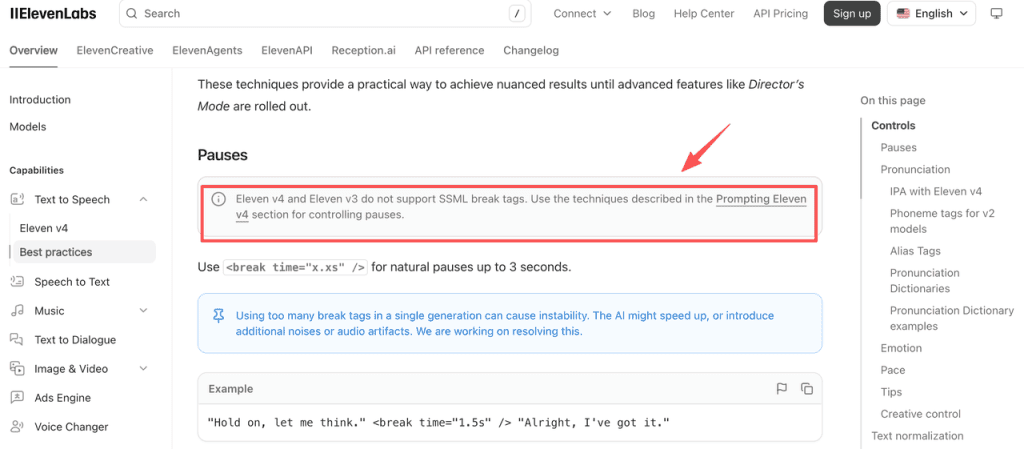 Read best practices for eleven v4 voiceover, including tips on managing pauses and avoiding SSML break tags.