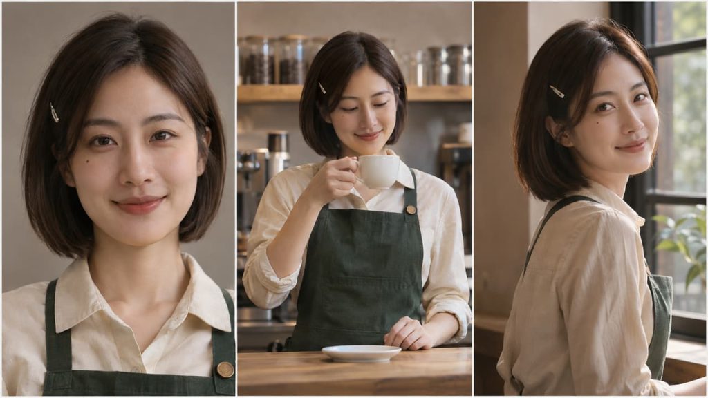 展示Seedance 2.0 角色一致性技術成果,同一位咖啡師女性在特寫、正面與側身等多個鏡頭中皆保持高度一致的面部特徵與造型。