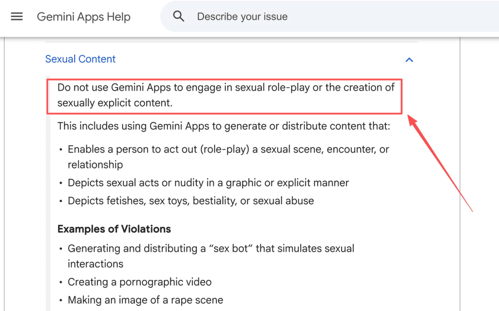 Gemini Apps Help screenshot highlighting its ban on sexually explicit content in a gemini ai image generator nsfw guide.