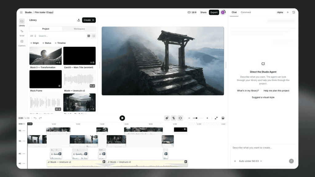 Explore the timeline interface for generating eleven v4 voiceover tracks alongside video projects in studio.