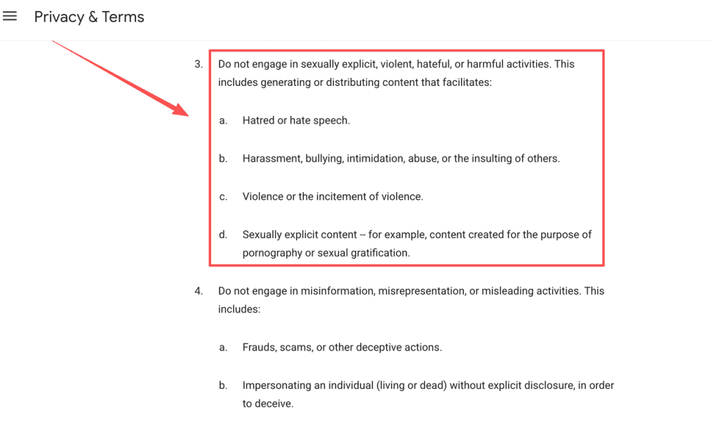 Google policy screenshot listing prohibited explicit, violent and hateful content in a gemini ai image generator nsfw guide.