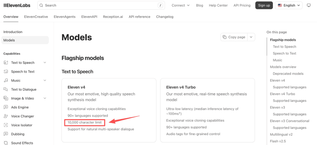 Check the flagship models features for eleven v4 voiceover, featuring a ten thousand character limit per generation.