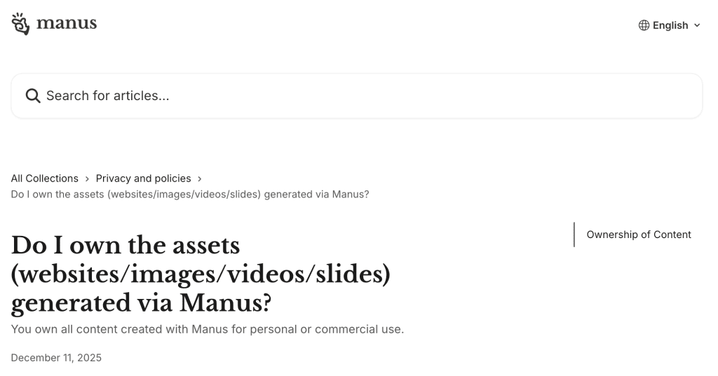 Find licensing and commercial ownership details for all video assets created using the manus studio video editor system.