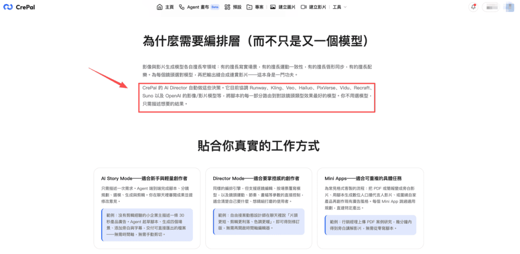 CrePal平台的AI Director編排層功能截圖，說明如何自動協調多款AI工具實現高效的圖片轉影片創作流程。