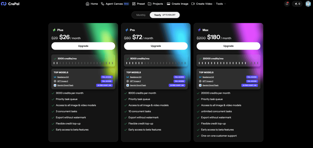 Compare monthly subscription tiers and credit packages offered by the best ai video creation agents platforms.